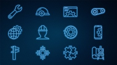 Çizgi çizelge kağıdı ve pusula, akıllı telefon ayarları, tarayıcı ayarları, işçi kaskı, Dünya 'nın küresi dişlisi, İngiliz anahtarı, dişli okları çalışma akışı ve simgesi. Vektör