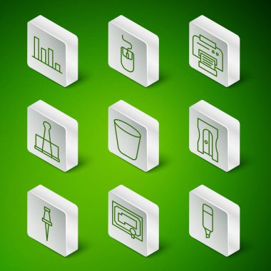 Satır İşaretleyici şablonu, Sertifika şablonu, Pie grafik bilgisi, Çöp kutusu, Binder klipsi, Bilgisayar faresi, İtme iğnesi ve kalem açacağı simgesini ayarla. Vektör