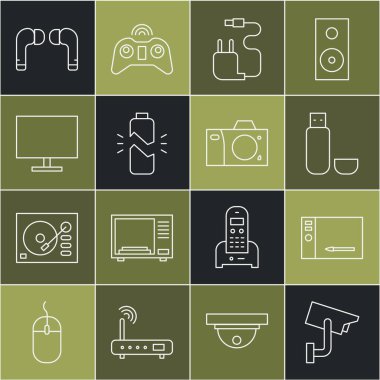 Hat güvenlik kamerası, grafiksel tablet, USB flash disk, şarj aleti, bozuk pil, bilgisayar monitörü, hava kulaklığı ve fotoğraf simgesi. Vektör