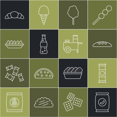 Çuval ya da paket patates cipsi, çikolatalı ekmek, pamuk şeker, bir şişe su, tabakta nacho, kruvasan ve fast food arabası ikonu. Vektör
