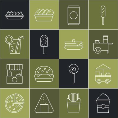 Patlamış mısırı kutuya koy, Fast Street yemek arabası, samanlı soda kutusu, dondurma, kokteyl, Nachos tabağı ve krep ikonu. Vektör