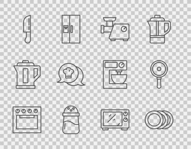 Fırın, Tabak, Mutfak Kıyma Makinesi, Tuz, Bıçak, Şef şapkası konuşma balonu, Mikrodalga fırın ve kızartma tavası ikonu. Vektör