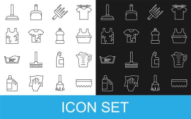 Sünger, çamaşır deterjanı, gömlekli leğen, pencereler için lastik temizleyici, kirli tişört, tulum ve şişe temizleme ikonu. Vektör