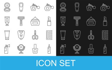 Krem veya losyon kozmetik tüpü, saç fırçası, ruj, parfüm, tıraş jileti, ayna ve ikon ile makyaj tozu. Vektör