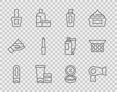 Şampuan şişesi, saç kurutma makinesi, krem ya da losyon kozmetik tüpü, tırnak cilası şişesi, dosya, ayna ve ikonlu makyaj tozu. Vektör