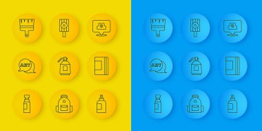 Satır İşaretleyici kalem, metin sanatıyla konuşma balonu, boya tabancası, boya, guaj, kavanoz, boya, Spiral defter, fırça, sprey başlık ve simge. Vektör