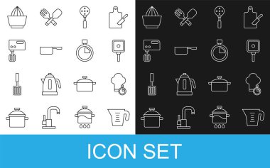 Ölçme kabı, Şef şapkası, kızartma tavası, Spatula, tencere, elektrikli mikser, meyve sıkacağı ve Stopwatch ikonu. Vektör