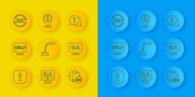 Satır Bilgilerini ayarla, metin yardımıyla konuşma balonu, mikrofon, telefon 24 saat desteği, Soru ve Yanıt ve Konum bilgi simgesi. Vektör