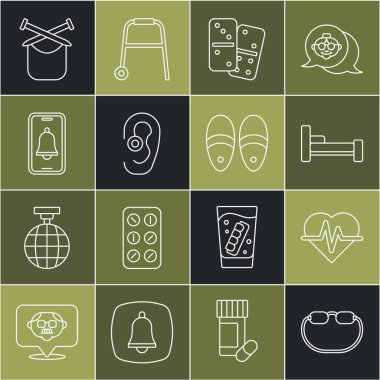 Gözlük, kalp atış hızı, yatak, Domino, işitme cihazı, acil durum telefonu, örgü ve terlik ikonu. Vektör