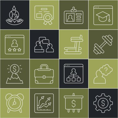 Dolar, kafa soru işareti, kimlik kartı, konuşan iki adam, müşteri değerlendirmesi, dünya genleşmesi ve koşu bandı ikonu. Vektör