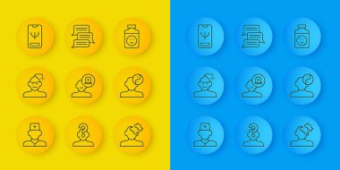 Erkek doktor, beyin sarsıntısı, baş ağrısı, psikolojide çözüm problemi, Yin Yang sembolü, çevrimiçi psikolojik danışmanlık, antidepresanlar ve ikon. Vektör