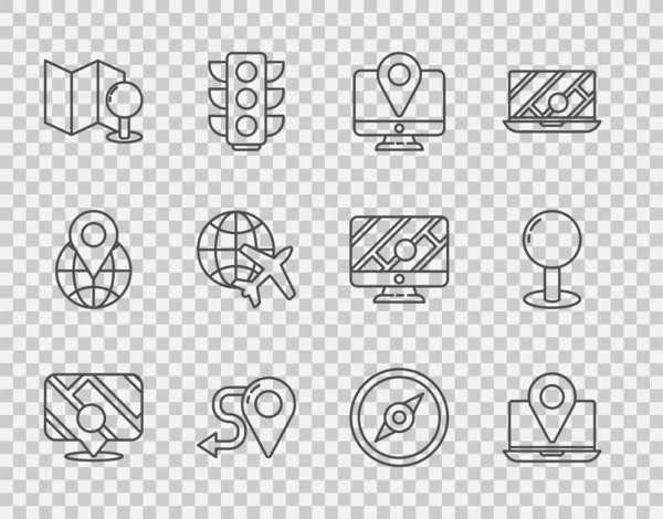 Linieninfografik Der Stadtplan Navigation Laptop Mit Positionsmarkierung Monitor Route Gefalteter — Stockvektor