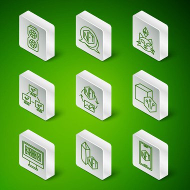 Satır Mobil 'i sanat mağazası uygulaması, NFT Dijital şifreleme, Video grafik kartı, engelleme zinciri teknolojisi, ikili kod ve simge ile ayarla. Vektör