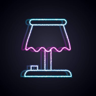 Parlayan neon çizgisi masa lambası simgesi siyah arkaplanda izole edildi. Vektör
