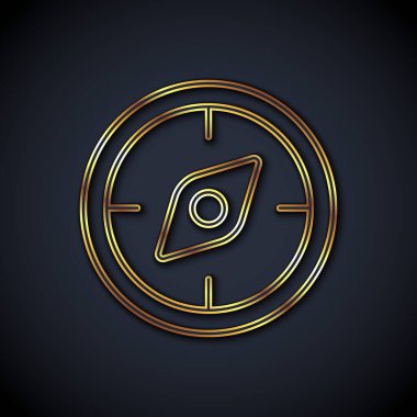 Altın çizgi pusula simgesi siyah arkaplanda izole edildi. Rüzgâr yön bulma sembolü. Rüzgar gül işareti. Vektör