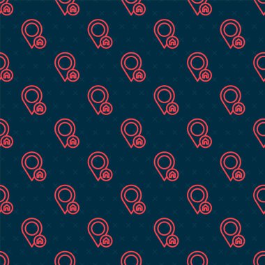 Ev simgesi olan kırmızı çizgi haritası işaretçisi siyah arkaplanda izole edilmiş pürüzsüz desen. Ev konumu belirleyici sembol. Vektör