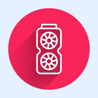 Beyaz çizgi Video Grafik Kart simgesi uzun gölge arkaplanı ile izole edildi. Kırmızı daire düğmesi. Vektör