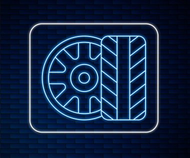 Parlak neon çizgili araba tekerleği ikonu tuğla duvar arka planında izole edilmiş. Vektör