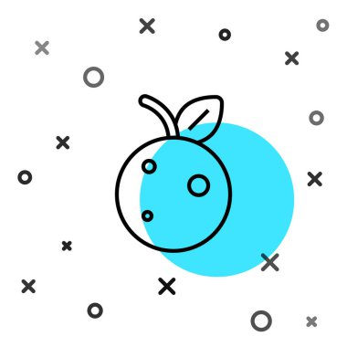 Siyah çizgi şeftali ya da nektarin, beyaz arkaplanda yaprak simgesi var. Rastgele dinamik şekiller. Vektör