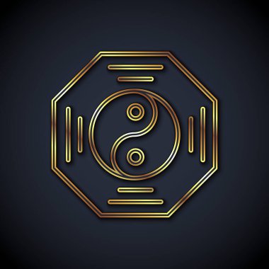 Altın çizgili Yin Yang sembolü armoni ve denge simgesi siyah arkaplanda izole edilmiş. Vektör