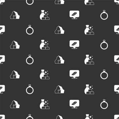 Altın külçelerini, yüzüğü, madenleri ve altın çantaları kusursuz desenlere ayarlayın. Vektör