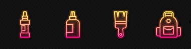 Çizgi fırçası, keçeli kalem, boya, guaj, kavanoz, boya ve okul çantası. Parlayan neon ikonu. Vektör