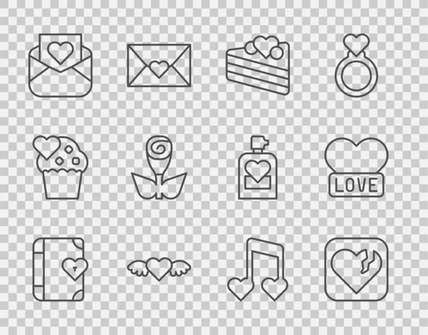 Set Line Love Diary Broken Heart Divorce Wedding Cake Heart — Stock Vector