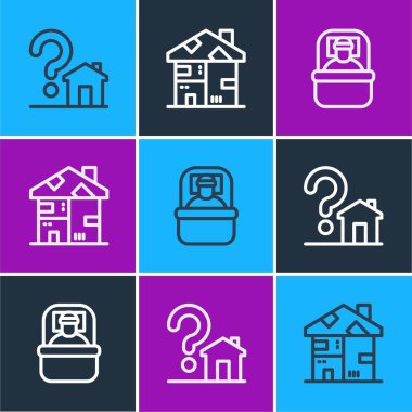 House 'u soru işareti, uyku tulumu ve evsiz karton ev ikonu ile ayarla. Vektör