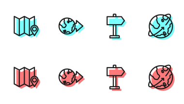 Yol trafik işaretini ayarlayın, konum işaretleyicili katlanmış harita, Dünya 'nın yörüngesindeki uyduların konumunu belirleyin. Vektör