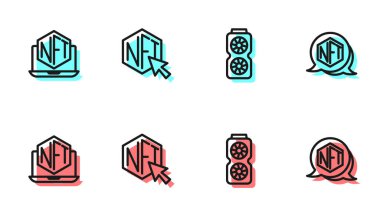 Satır Görüntü Kartı, Sanat mağazası uygulamalı laptop, NFT Dijital şifreleme ve simge ayarla. Vektör