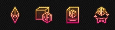 NFT sözleşmesi, Ethereum ETH, dijital şifreleme sanatı ve... Parlayan neon ikonu. Vektör