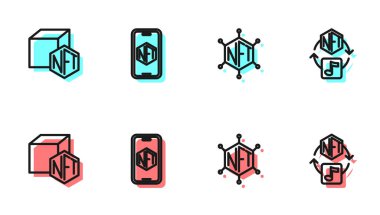 Hat NFT engelleme teknolojisi, dijital şifreleme sanatı, mobil uygulama ve simgeyle donatılmış. Vektör