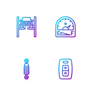 Hat anahtarını uzaktan kumandayla, şok emiciyle asansörü tamir et ve motor benzin göstergesini ayarla. Renk simgeleri. Vektör