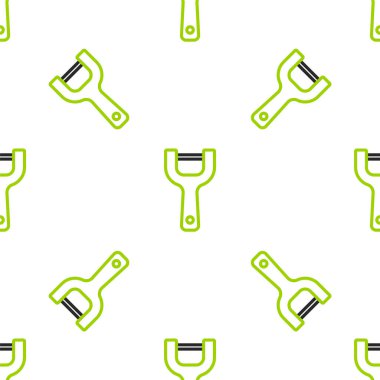 Çizgi Sebze soyucu simgesi beyaz arka planda izole edilmiş pürüzsüz desen. Sebze temizlemek için bıçak. Mutfak eşyası, alet edevat. Vektör