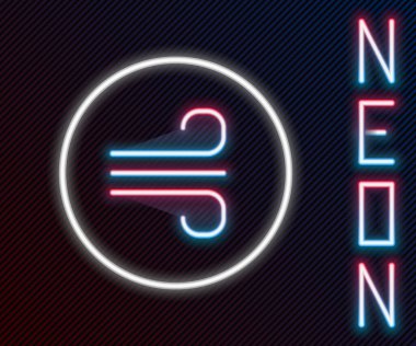 Parlayan neon hattı. Rüzgarlı hava ikonu siyah arkaplanda izole edildi. Bulut ve rüzgar. Renkli taslak konsepti. Vektör