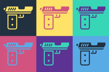 Pop Art Pistol ya da silah ikonu renk arkaplanına izole edilmiş. Polis ya da askeri silah. Küçük ateşli silah. Vektör.