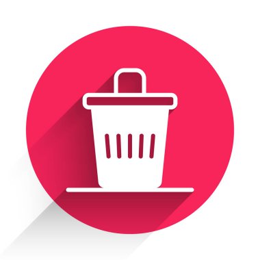 Beyaz Çöp kutusu simgesi uzun gölge arkaplanı ile izole edildi. Çöp kutusu tabelası. Sepet simgesini geri dönüştür. Ofis çöpü ikonu. Kırmızı daire düğmesi. Vektör