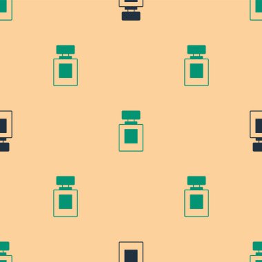 Yeşil ve siyah parfüm ikonu, bej arka planda kusursuz desen izole etti. Vektör