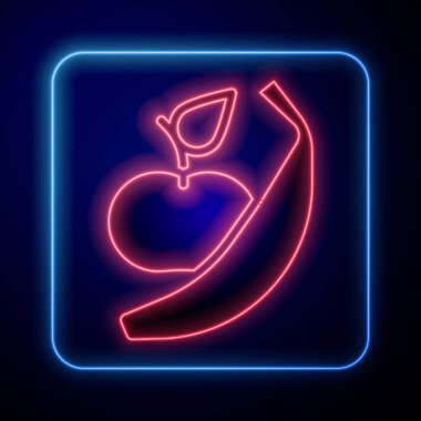 Parlayan neon elma ve muz ikonu siyah arkaplanda izole edilmiş. Fazla kilolu. Sağlıklı diyet menüsü. Fitness diyeti elması. Vektör