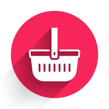 Beyaz piknik sepeti simgesi uzun gölge arkaplan izole. Kırmızı daire düğmesi. Vektör