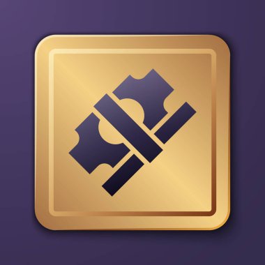 Purple Stacks kağıt para ikonu mor arka planda izole. Para desteleri. Para birimi. Altın kare düğme. Vektör