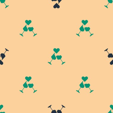 Şampanya ikonunun yeşil ve siyah camları bej arka planda izole edilmiş pürüzsüz desen. Sevgililer günün kutlu olsun. Vektör