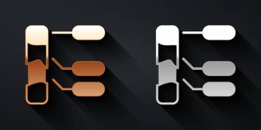 Altın ve gümüş tarımsal toprak testi ve sonuç simgesi siyah arka planda izole edildi. Dijital toprak analizi. Uzun gölge tarzı. Vektör