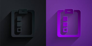 Kağıt kesme Online quiz, test, araştırma veya kontrol listesi simgesi mor arkaplanda siyah üzerine izole edilmiş. Sınav listesi. E-eğitim konsepti. Kağıt sanatı tarzı. Vektör