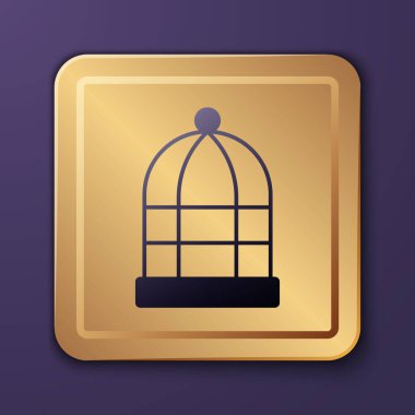 Mor arka planda izole edilmiş kuş simgesi için mor kafes. Altın kare düğme. Vektör