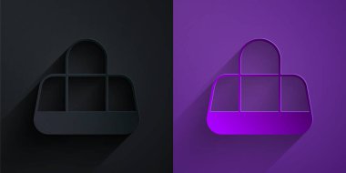 Kağıt kesiği spor poşeti simgesi mor arka planda siyah üzerine izole edilmiş. Kağıt sanatı tarzı. Vektör