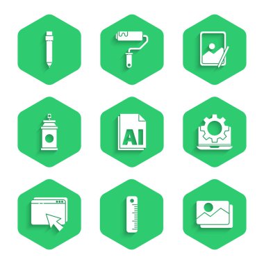 Yapay zeka dosya belgesi, cetvel, resim manzarası, dizüstü bilgisayar donanımı, web tasarım geliştirme, boya spreyi, grafik tableti ve silgi simgesi ile kalem ayarlayın. Vektör