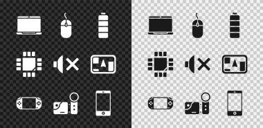 Laptop, Bilgisayar faresi, Battery şarj seviyesi göstergesi, Taşınabilir video oyun konsolu, Sinema kamerası, akıllı telefon, cep telefonu, mikrodevreli işlemci ve hoparlör simgesini ayarla. Vektör