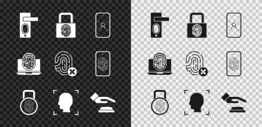 Parmak izi kapı kilidini, mobil ve yüz tanıma, Face, Palm, dizüstü bilgisayar parmak izi ve ret ikonu ile ayarla. Vektör