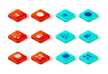 Konuşma balonu yap anne, bebek arabası, bebek arabası asılı oyuncakları, telsiz telsizi, küçük çocuk kafası ve emzik ikonu. Vektör